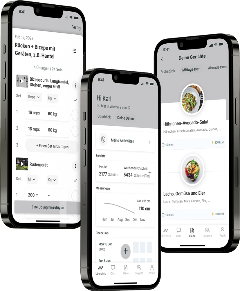 Ein Mockup der Coaching-App, das die Funktionen zeigt.
